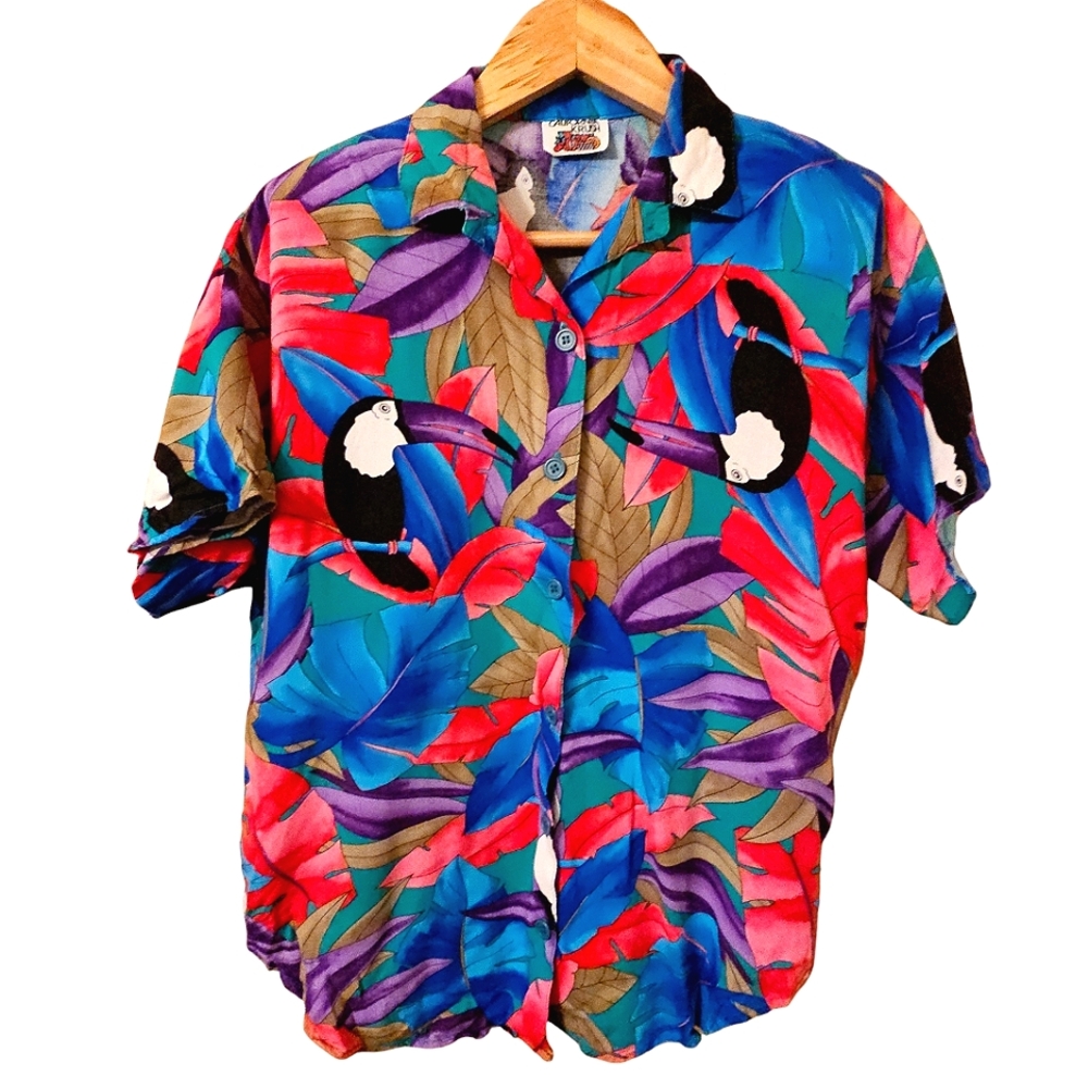 Tropical TOUCAN Hawaiian Blouse Vintage 90s Small